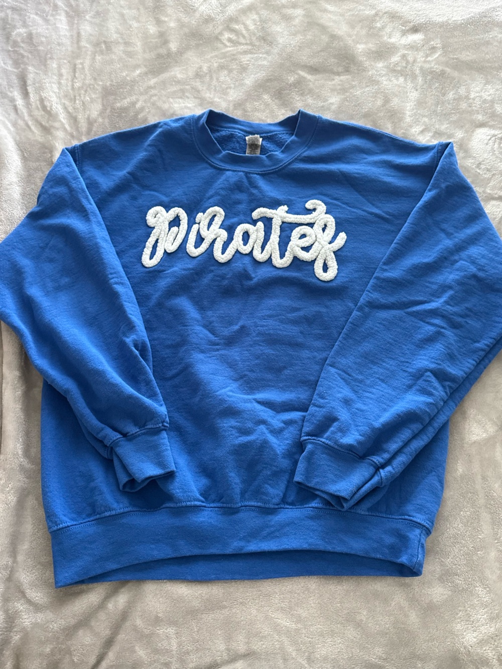 Blue Pullover Sweatshirt with White Script Embroidery ‘Pirates’